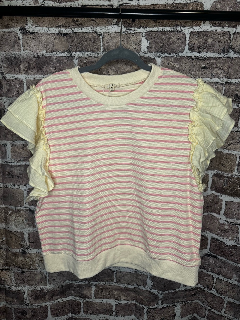 JODIFL Pink & Cream Striped Knit Top with Ruffle Sleeves